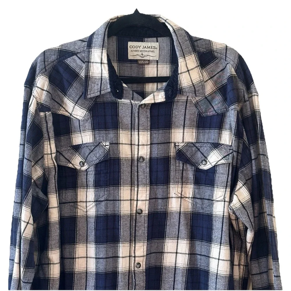 Cody James Blue Ivory Plaid Flannel Western Shirt Pearl Snap Flip Cuff Mens 2XL